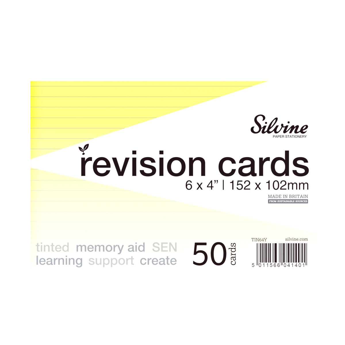 Silvine Tinted Revision Cards 6mm Ruled 152x102mm 50 Cards Yellow
