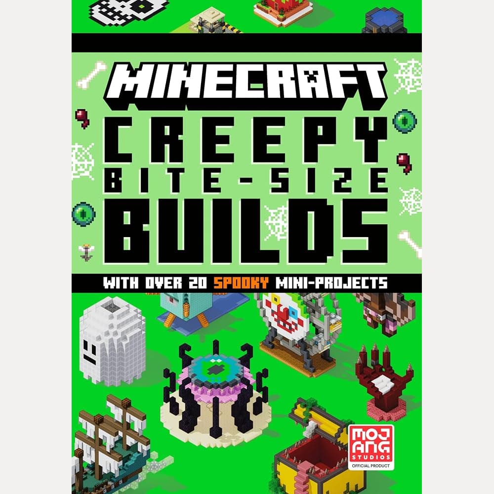 Minecraft Creepy Bite Size Builds: New for 2026, an official illustrated guide to building 20 spooky themed mini-projects in game. Perfect for gamers of all ages! cover image