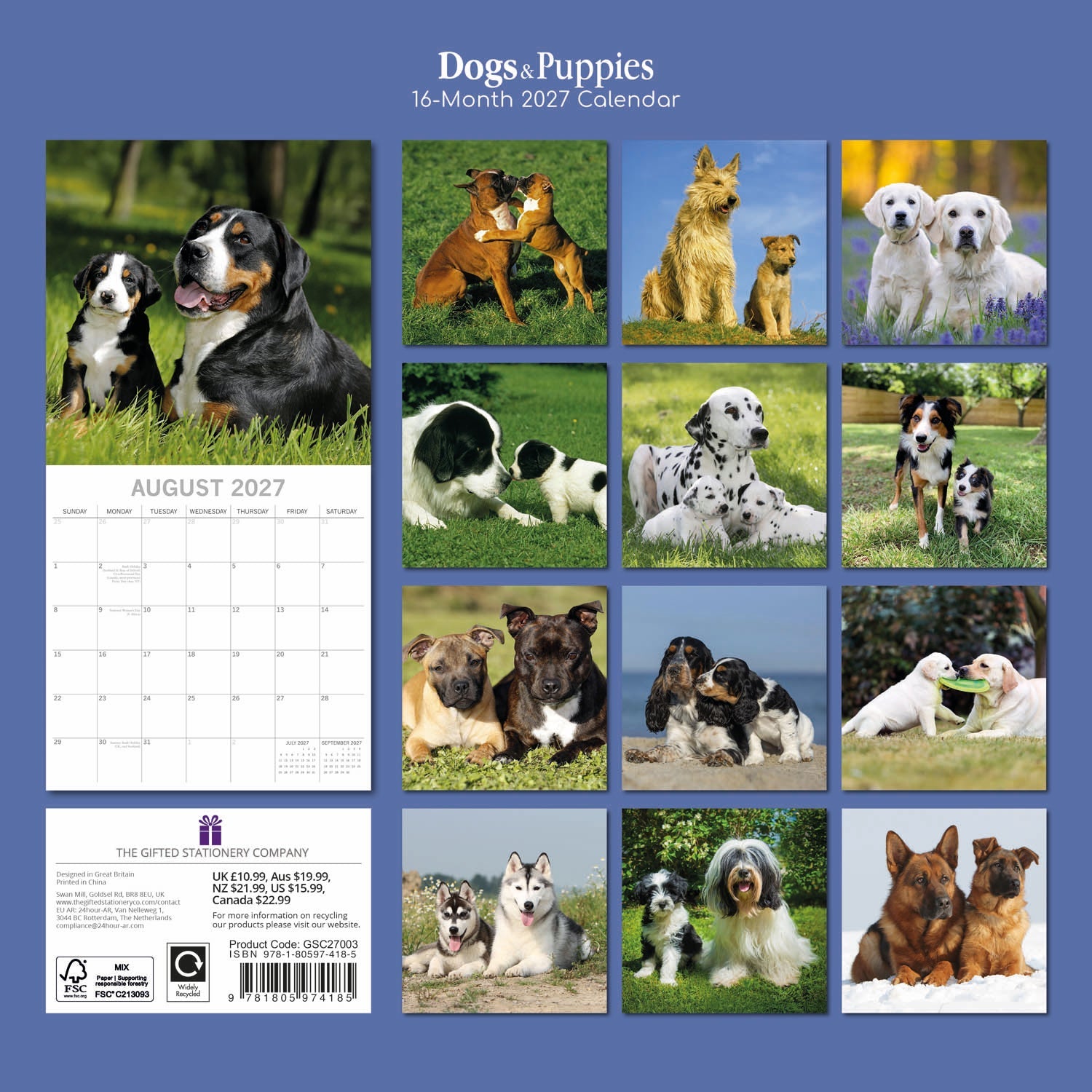 2027 Dogs & Puppies Square Wall Calendar