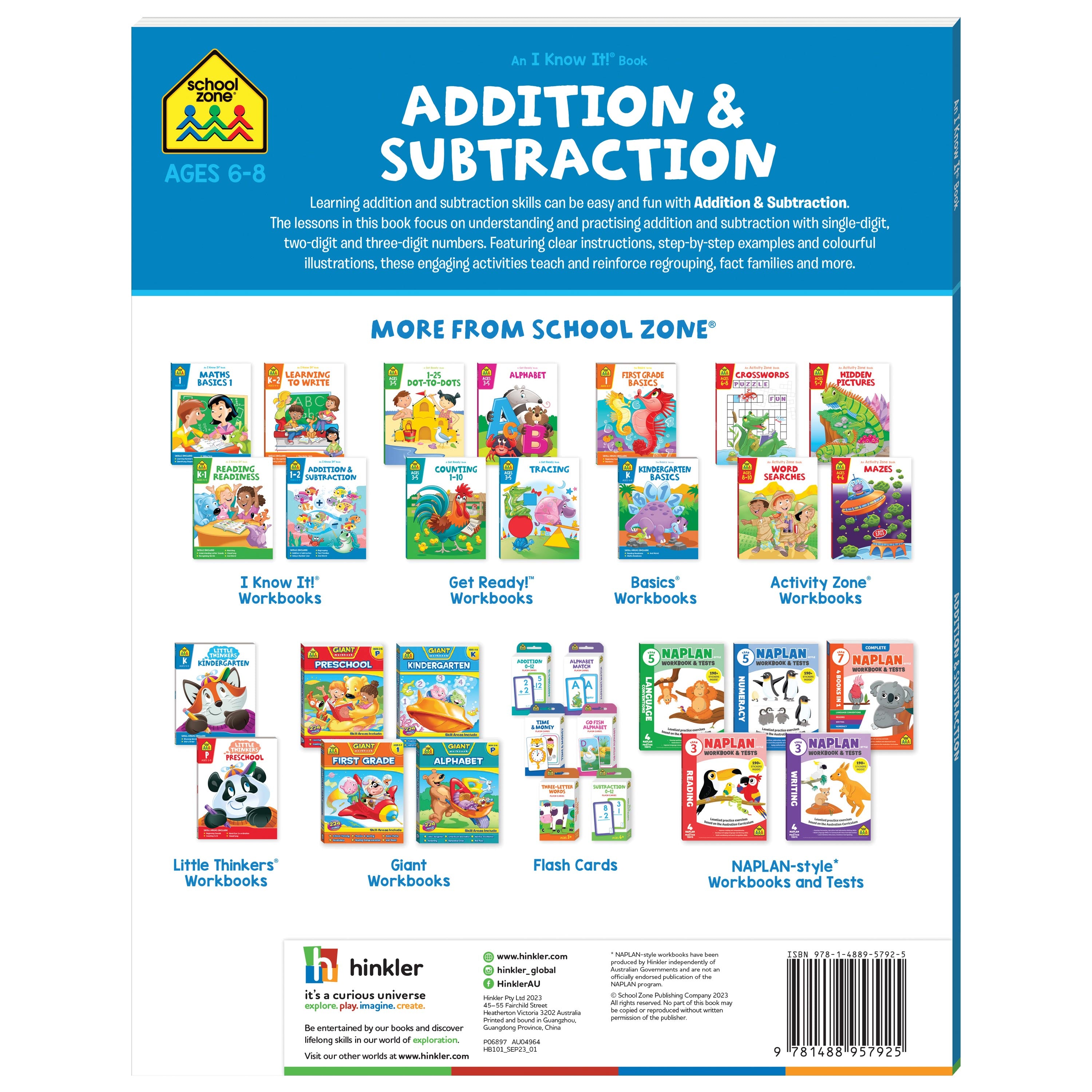 School Zone I Know It! Addition & Subtraction Workbook Ages 6-8