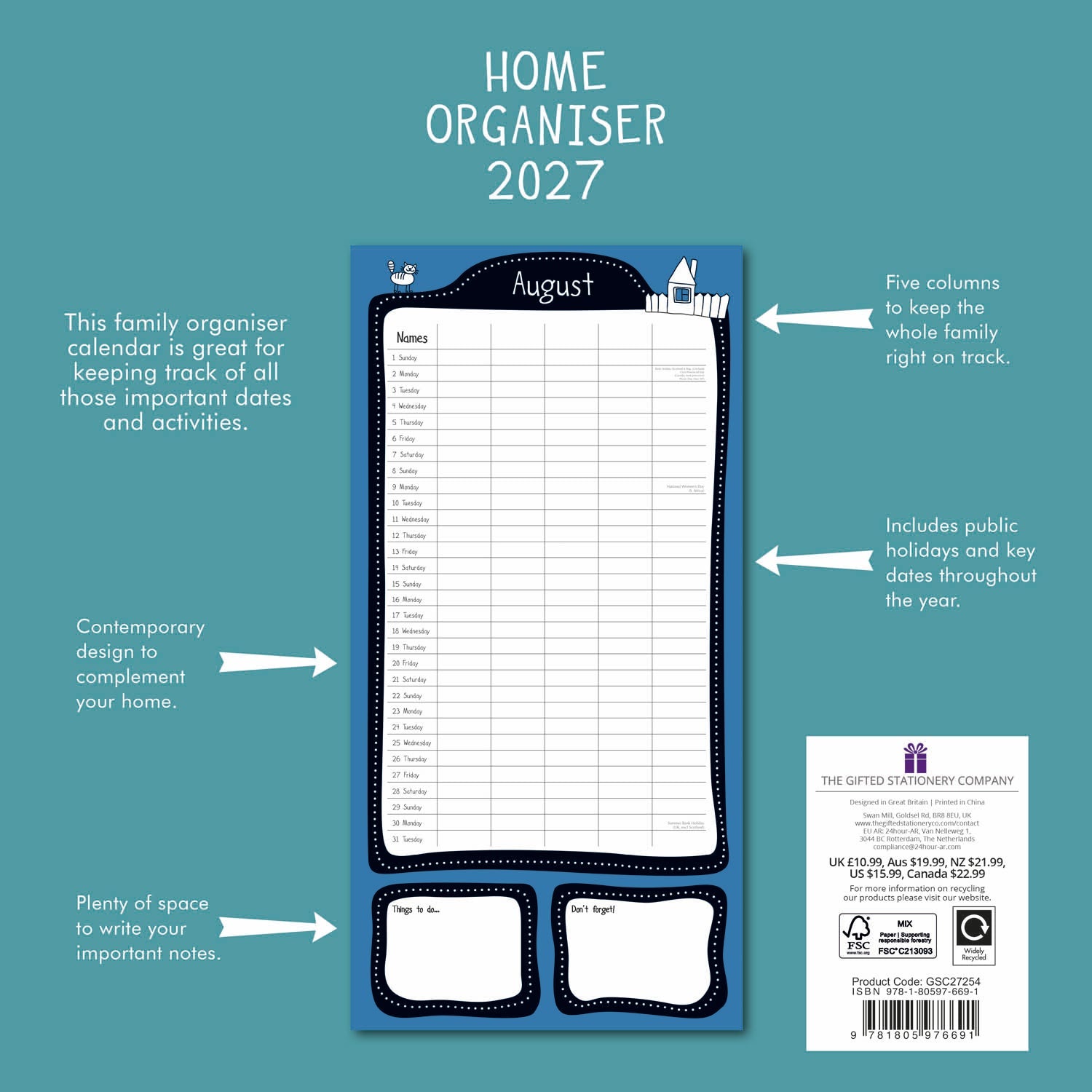 2027 Home Organiser Square Wall Calendar
